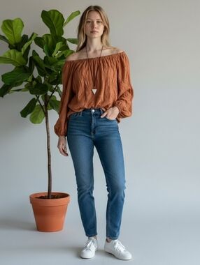 Elizabeth and James Rust Orange Off-Shoulder Blouse